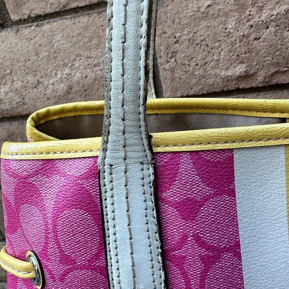 Coach Signature 'C' Legacy Striped Tote Bag Satchell Pink and Yellow - Picture 12 of 16